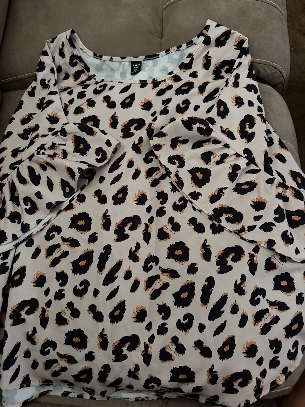 SHEIN Cream Leopard Print Long Sleeve Blouse with Black and Tan Spots